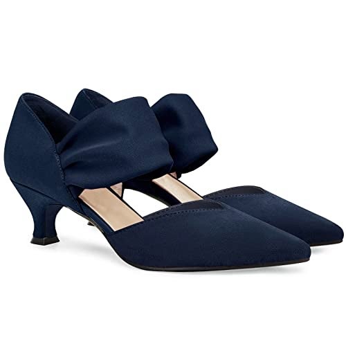 Coutgo Womens Low Kitten Heel Dress Shoes Pointed Toe Slip on Ankle Strap Cutout Elegant Party Wedding Pumps, Navy, Size 8.5 - Image 1