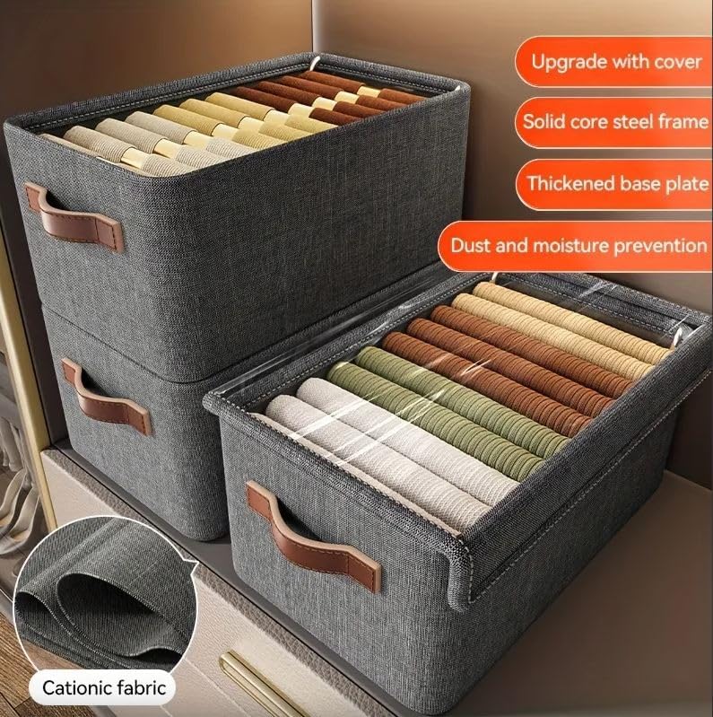 Ellnock Ellnock Large Wardrobe Clothes Organizer With LidFoldable Stackable Fabric Drawer Storage Box For Jeans Pants TShirts Sweater Scarves Bras Clothing Grey - Image 4