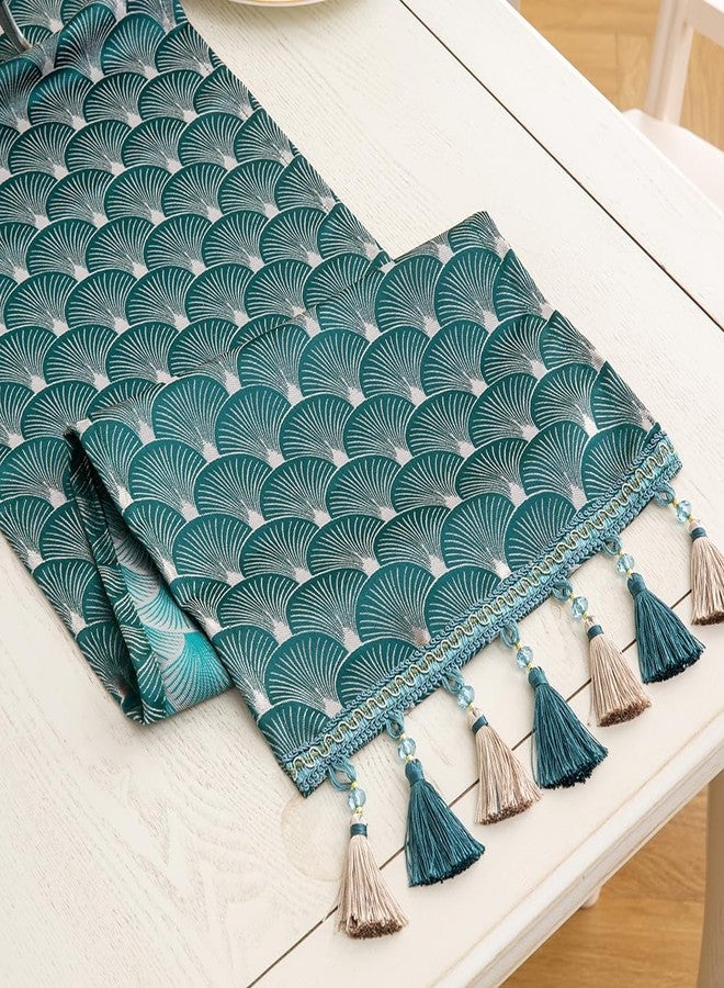 Mayler Yee Table Runner, Vintage Luxury Embroidered Floral Jacquard Damask Fabric with Multi-Tassels for Living Room Dresser Scarfs (Teal, 13x48Inch) - Image 1