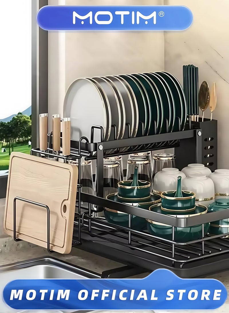 Motim Dish Drying Rack Stainless Steel 2 Tier Large Dish Racks with Drainboard and Cutlery Holder for Kitchen Counter (Black) - Image 1