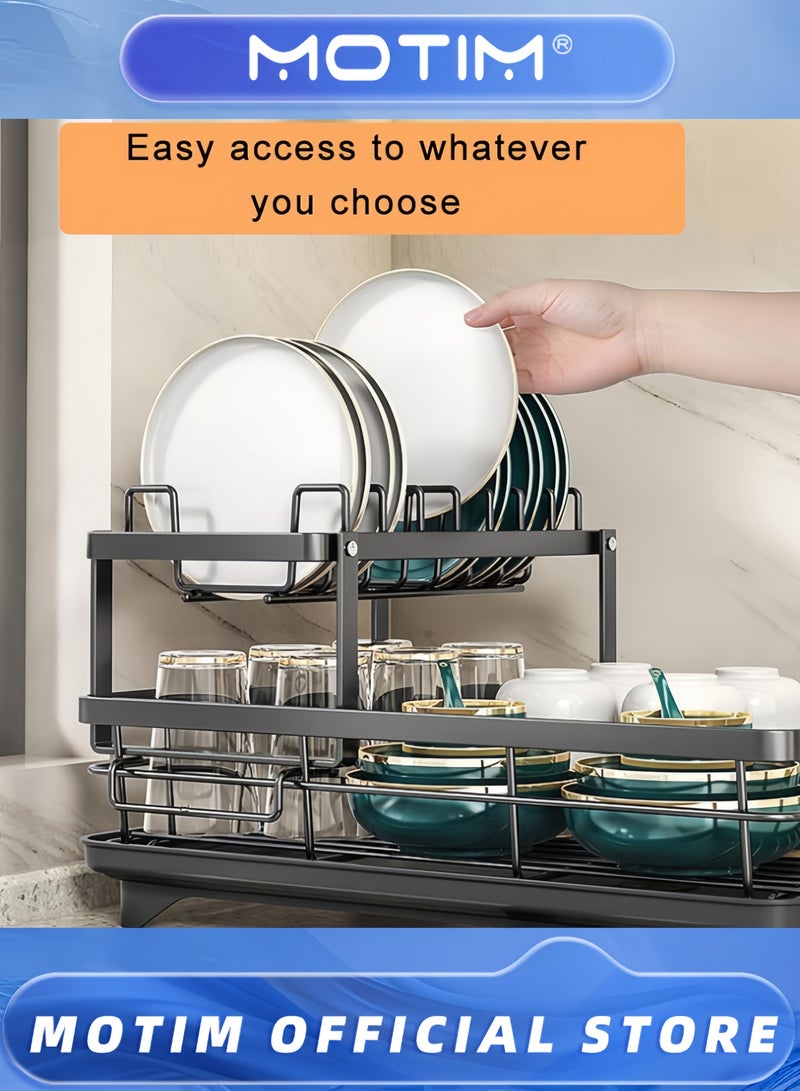 Motim Dish Drying Rack Stainless Steel 2 Tier Large Dish Racks with Drainboard and Cutlery Holder for Kitchen Counter (Black) - Image 5