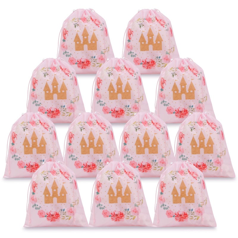 BLUE PANDA 12 Pack Pink Drawstring Gift Bags  Castle and Rose Print Fairy Favor Drawstring Bag for Princess Birthday Party Favors 10 x 12 In