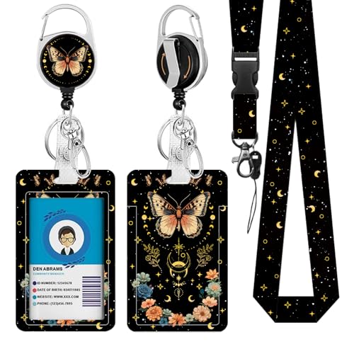 Vorruil Butterfly Flowers Lanyards ID Badge Women Gifts, Moon ID Badge Holder with Retractable Reel Clip and Keychain, Vertical Identity Badge Cover Case Protector for Teacher Nurse - Image 1