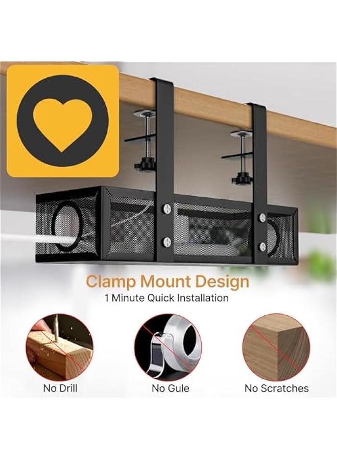MIXDE Under Desk Cable Management Tray, No Drill Steel Desk Cord Organizers Box Wire Management Tray Cable Management Rack with Clamp for Office Home (Black)  - Image 2
