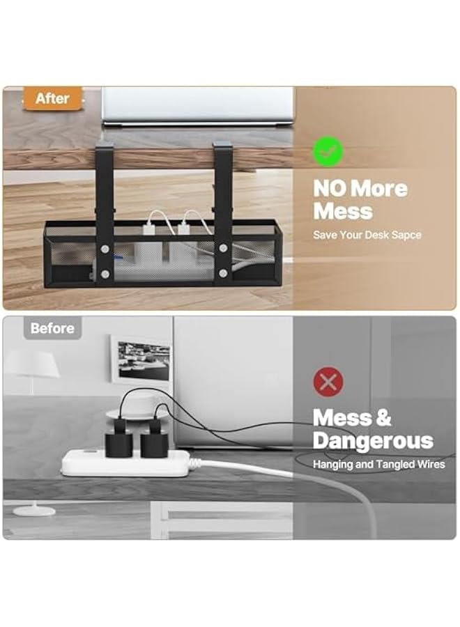 MIXDE Under Desk Cable Management Tray, No Drill Steel Desk Cord Organizers Box Wire Management Tray Cable Management Rack with Clamp for Office Home (Black)  - Image 5