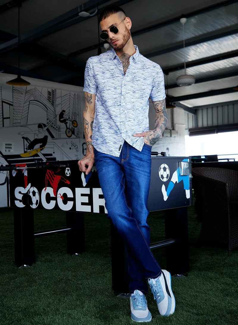 Campus Sutra Men's Chalk White & Indigo Blue Textured Tactile Shirt