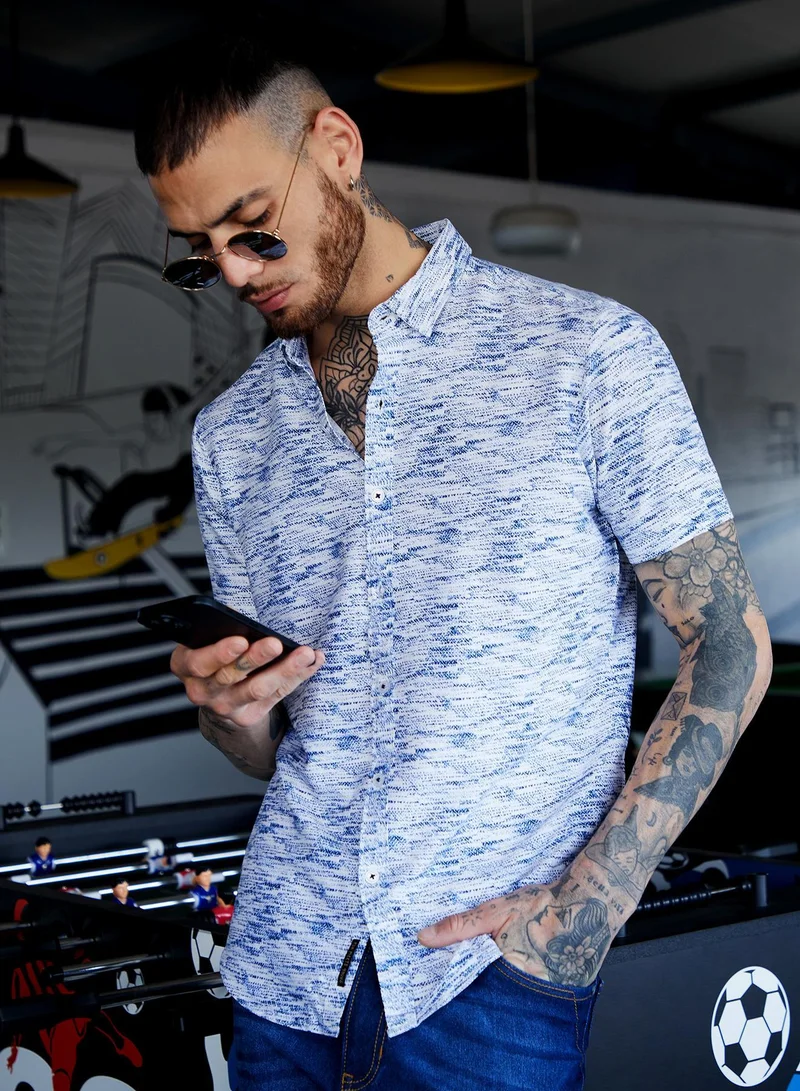 Campus Sutra Men's Chalk White & Indigo Blue Textured Tactile Shirt