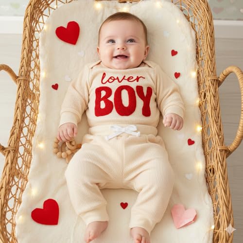 BemeyourBBs Newborn Baby Boy Valentines Outfit Embroidery Long Sleeve Romper Elastic Waist Pants Set 2 Piece Waffle Clothes (Lover Boy Beige, 0-3 Months) - Image 2