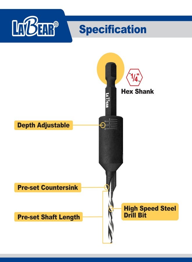 LaBear (#10) Countersink Drill Bits with Replaceable HSS Drill, 1/4" Hex Quick-Change Bits, Adjustable Low Friction Depth - Image 3