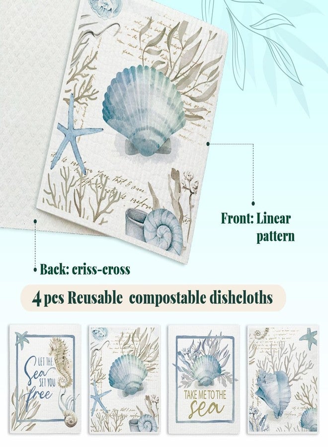 LARTSFRO Beach Swedish Dishcloths for Kitchen, 4 Pack Watercolor Dish Towels for Kitchen, Blue Swedish Dish Cloths, Reusable Paper Towels Washable, Sponge Cloths - Image 3