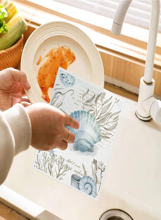 LARTSFRO Beach Swedish Dishcloths for Kitchen, 4 Pack Watercolor Dish Towels for Kitchen, Blue Swedish Dish Cloths, Reusable Paper Towels Washable, Sponge Cloths - Image 5
