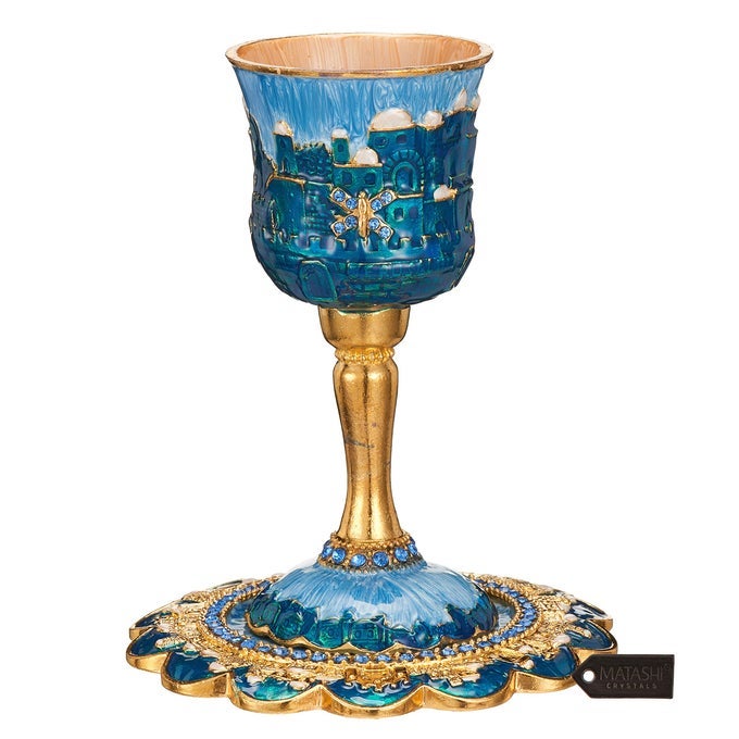 HANDPAINTED ENAMEL TALL 5 KIDDUSH CUP SET WITH STEM AND TRAY EMBELLISHED WITH CRYSTALS JERUSALEM CITYSCAPE FOR WEDDINGS SHABBAT HAVDALAH PASSOVER GOBLET JUDAICA GIFT