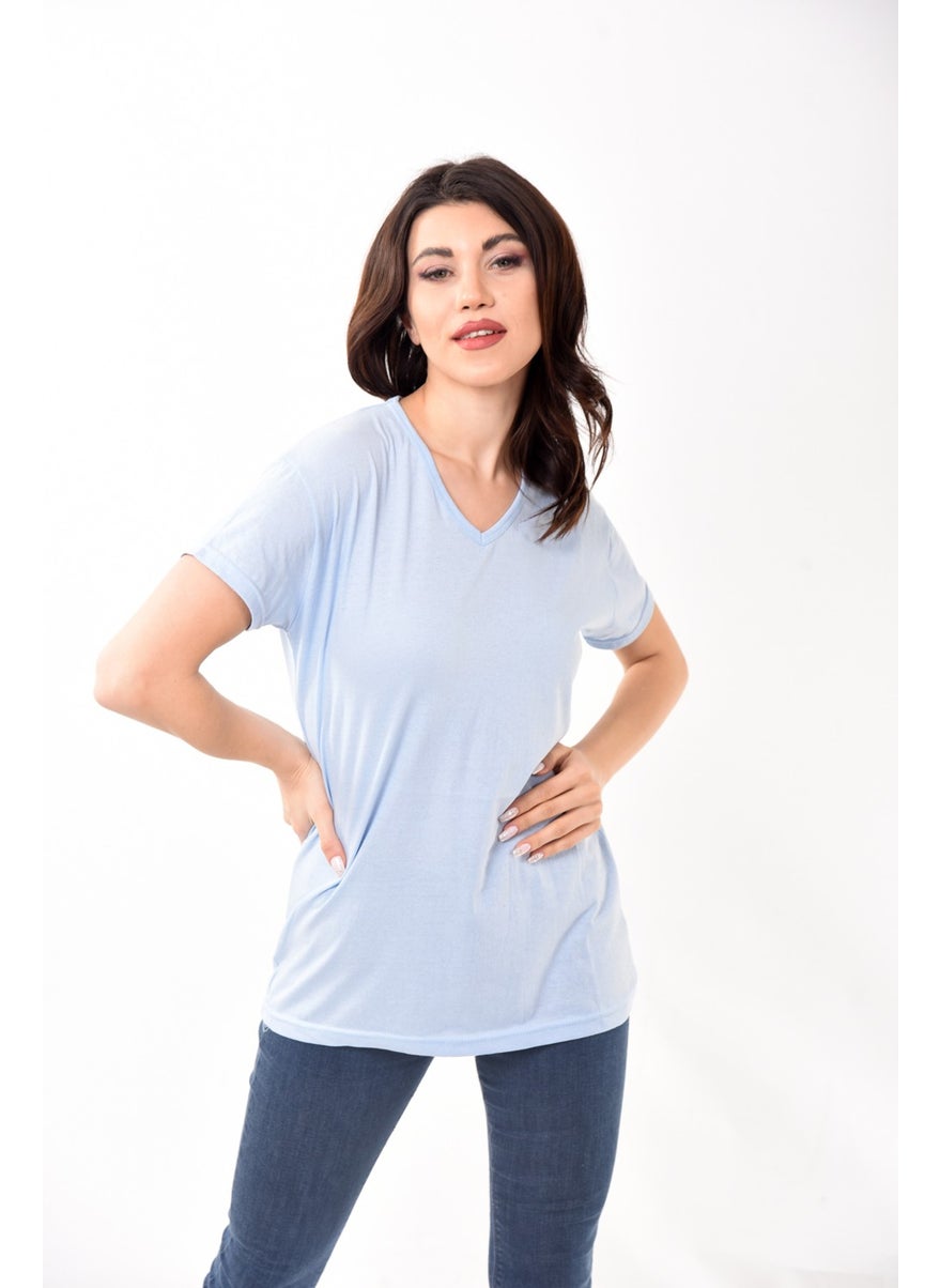 Belifanti Collection V-Neck Basic Women's T-Shirt Blue  - Image 5