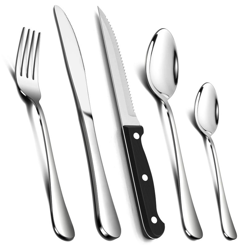 24 Piece Cutlery Sets with 6 Piece Steak Knives Homikit Stainless Steel 30Piece Silver Cutlery Flatware Set Dinnerware Fork Knife Spoon Set Service for 6 Mirror Finished  Dishwasher Safe