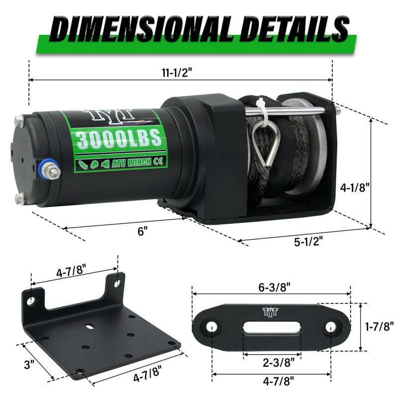 TYT 3000 lb ATV Winch, 12V DC Electric Winch with Wireless Remote and Wired Switch, 1/5"x 32FT Synthetic Winch Rope with Fairlead and Winch Mounting Plate - Image 5