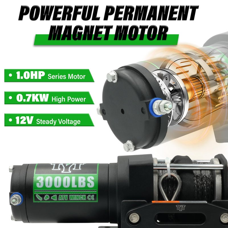 TYT 3000 lb ATV Winch, 12V DC Electric Winch with Wireless Remote and Wired Switch, 1/5"x 32FT Synthetic Winch Rope with Fairlead and Winch Mounting Plate - Image 2