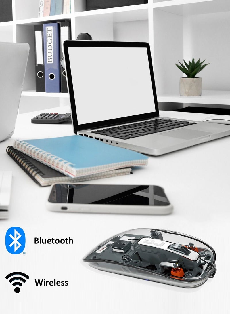 Max & Max Wireless Rechargeable Transparent Mouse – Crystal Design Gaming Mouse with Adjustable DPI, Triple Mode (2.4G + Bluetooth), Silent Click for PC, Laptop, Mac, iPhone & Android – Grey - Image 2