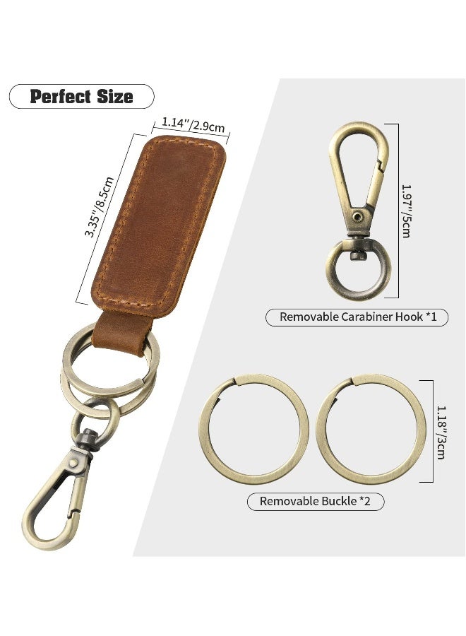 Genuine Leather Car Keychain, 2Pcs Universal Key Fob Keychain Leather Key Chain Holder for Men and Women, 360 Degree Rotatable, with Anti-lost Ring,  Vintage Carabiner Clip (Brown) - Image 2