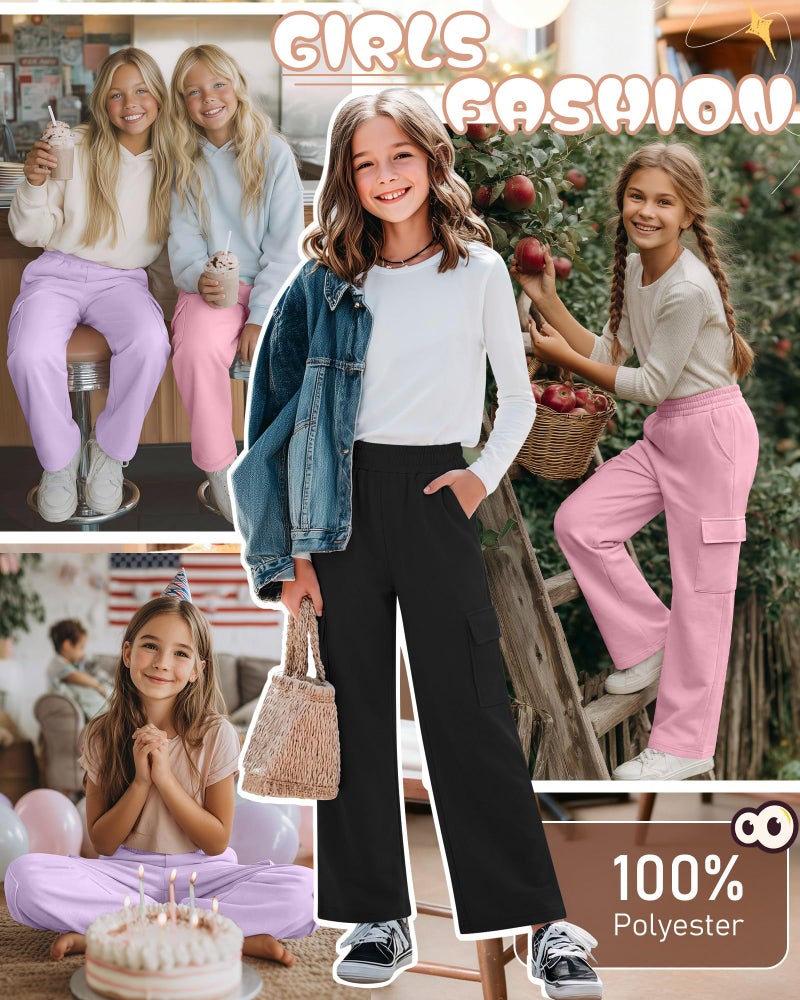 LessonZoo 3 Pack Girl's Wide Leg Sweatpants Cargo Pants Lightweight Baggy High Waisted Joggers Teen Girl Pants with Pockets(Light Purple, Pink, Black,9-10 Y) - Image 3