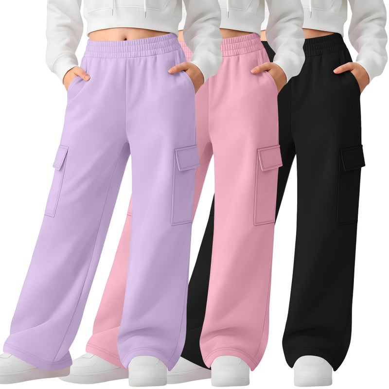 LessonZoo 3 Pack Girl's Wide Leg Sweatpants Cargo Pants Lightweight Baggy High Waisted Joggers Teen Girl Pants with Pockets(Light Purple, Pink, Black,9-10 Y) - Image 1