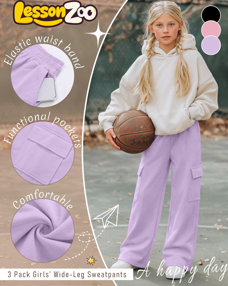 LessonZoo 3 Pack Girl's Wide Leg Sweatpants Cargo Pants Lightweight Baggy High Waisted Joggers Teen Girl Pants with Pockets(Light Purple, Pink, Black,9-10 Y) - Image 5