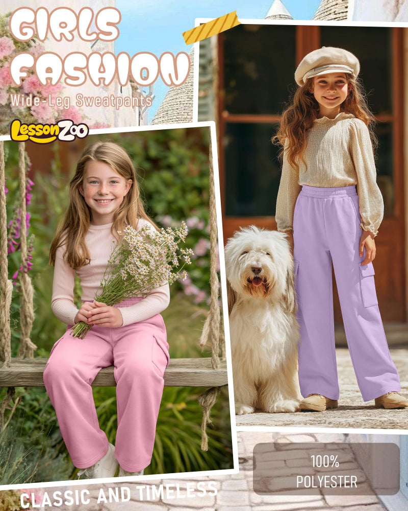 LessonZoo 3 Pack Girl's Wide Leg Sweatpants Cargo Pants Lightweight Baggy High Waisted Joggers Teen Girl Pants with Pockets(Light Purple, Pink, Black,9-10 Y) - Image 4