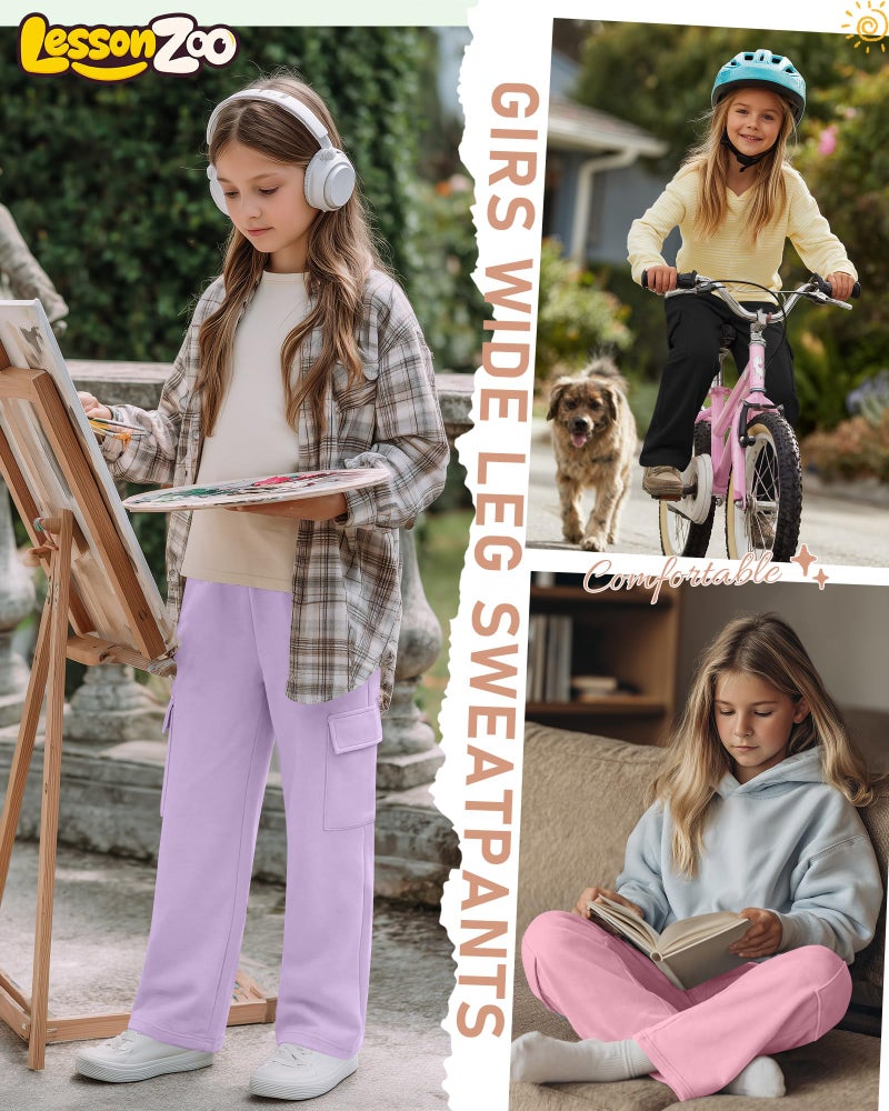 LessonZoo 3 Pack Girl's Wide Leg Sweatpants Cargo Pants Lightweight Baggy High Waisted Joggers Teen Girl Pants with Pockets(Light Purple, Pink, Black,9-10 Y) - Image 2
