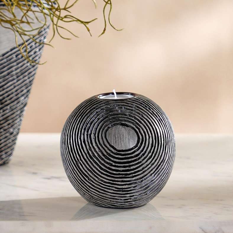 Pan Home Black Polyresin Concentric Ribbed Candle Holder - Image 1