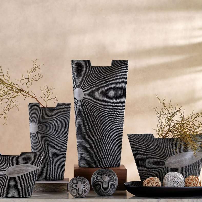 Pan Home Black Polyresin Concentric Ribbed Candle Holder - Image 3