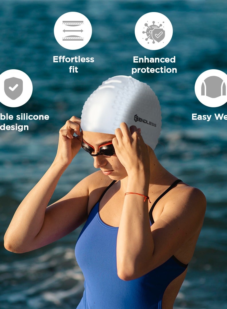 ENDLESS  Comfortable Silicon Swimming Cap with Ergonomic Ear Pockets | Fully Elastic Waterproof Cap for Long and Short Hair with Thicker Edge | For Women and Men - Image 2