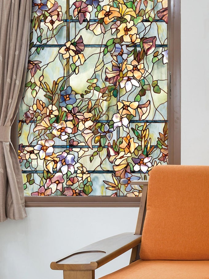 TRELLIS PRIVACY WINDOW FILM WITH VIBRANT COLORED PATTERN NONADHESIVE UV PROTECTION EASY TO APPLY REMOVABLE 24 X 36 INCHES MADE IN USA
