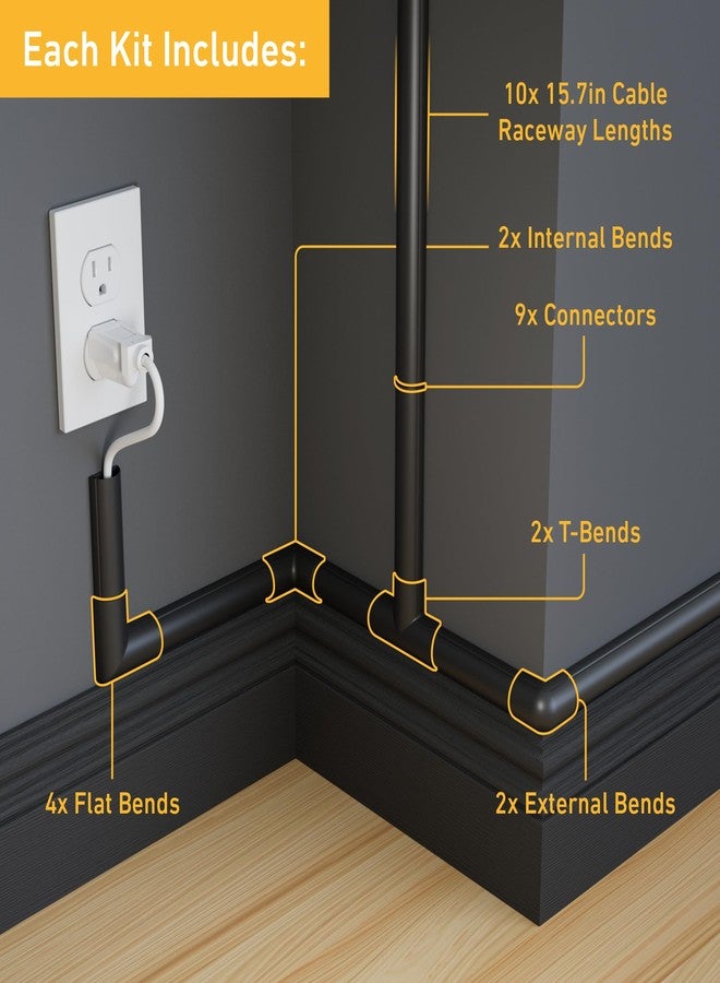 D-Line 157in Cord Cover Kit, Self-Adhesive Wire Hiders, Cable Raceway to Hide Wires on Wall, Electrical Cable Management - 10x 15.7 Lengths & 19 Accessories - 1.18" (W) x 0.59" (H) - Black - Image 2