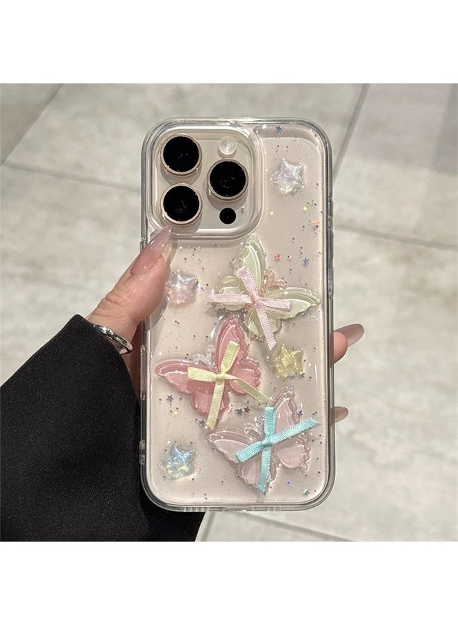 غطاء فراشة ثلاثي الأبعاد ملون لامع لهاتف iPhone 16 Pro - غطاء شفاف لامع بنجوم - Image 1