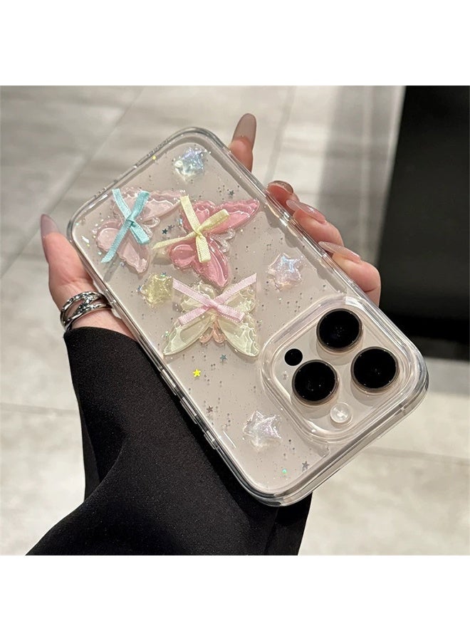 غطاء فراشة ثلاثي الأبعاد ملون لامع لهاتف iPhone 16 Pro - غطاء شفاف لامع بنجوم - Image 3