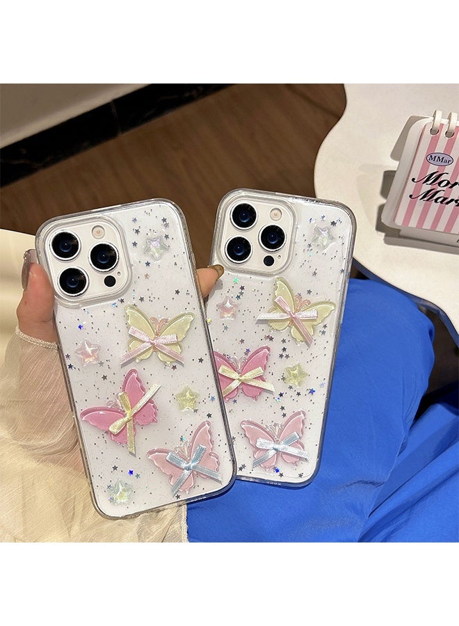 غطاء فراشة ثلاثي الأبعاد ملون لامع لهاتف iPhone 16 Pro - غطاء شفاف لامع بنجوم - Image 4