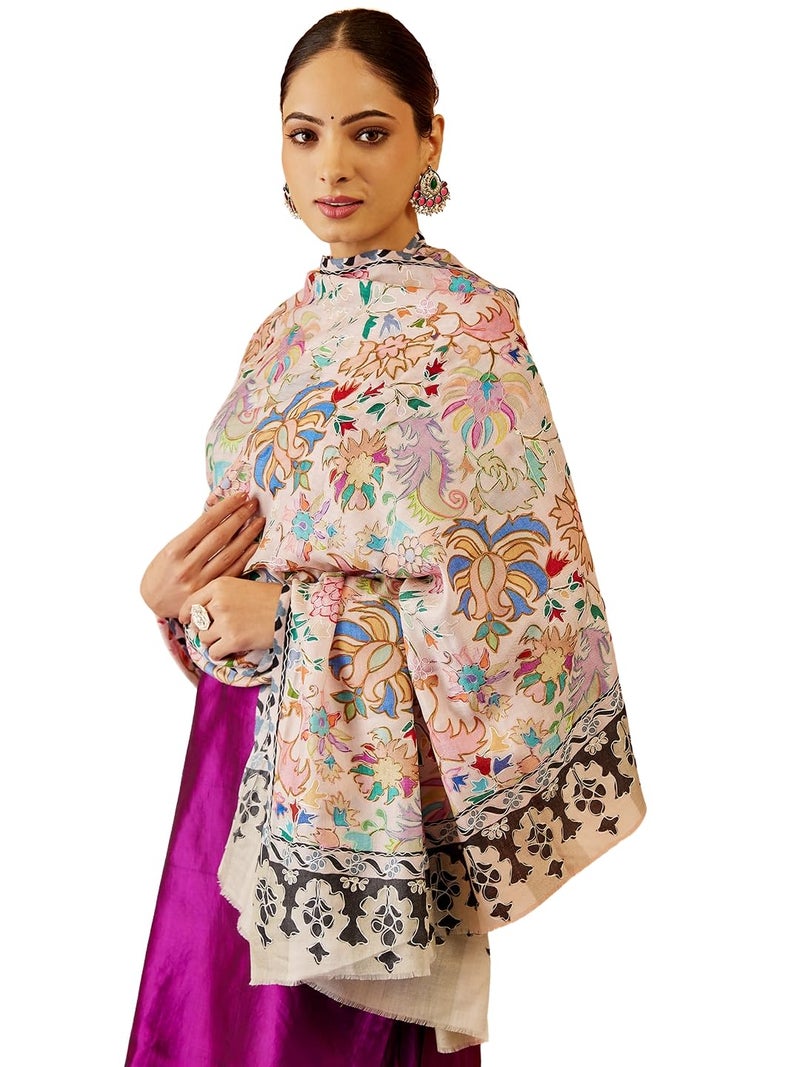 Pashmoda Women Shaheen Fine Wool Fabric Pashmina Kalamkari Embroidered Shawl, Stole and Wrap, Sustainable and Natural Fabric, Heritage Kashmiri Pashmina(Size 40x80) - Image 1