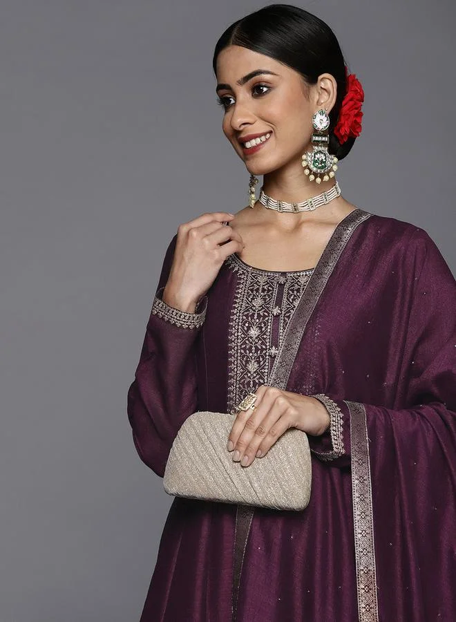 Libas Silk Embroidered Kurta and Solid Churidar with Chiffon Dupatta Set by Styli