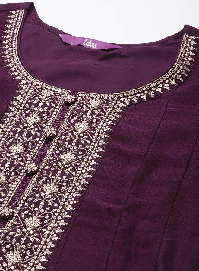 Libas Silk Embroidered Kurta and Solid Churidar with Chiffon Dupatta Set by Styli