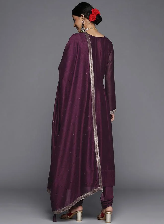 Libas Silk Embroidered Kurta and Solid Churidar with Chiffon Dupatta Set by Styli