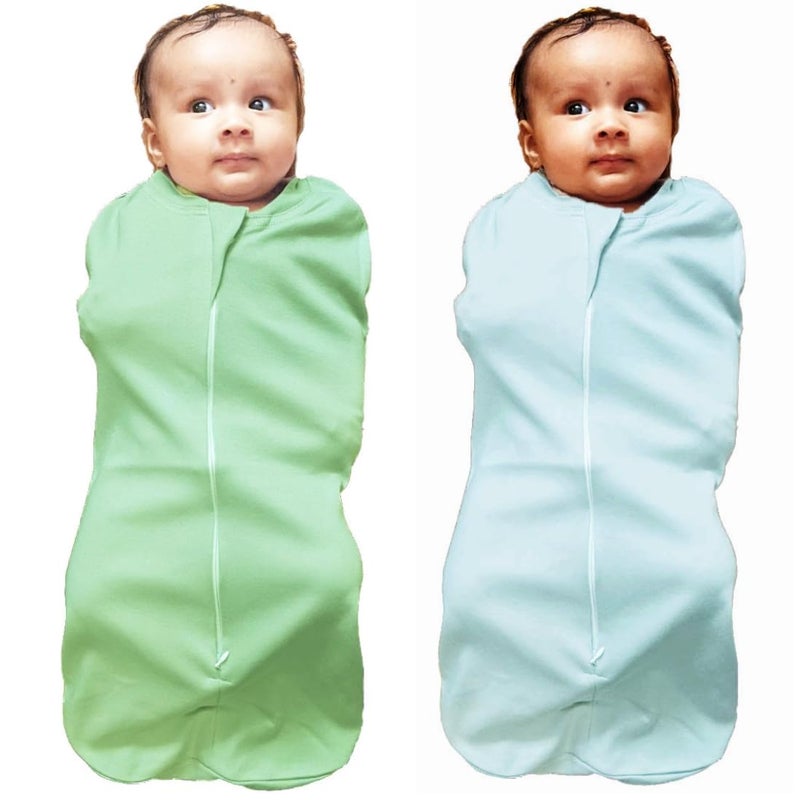 MammaChamp PODZipper SwaddleSleeping BagBlanketsWrapSack for NewbornInfant Baby 03 months Packof 2 Light BlueLight Green - Image 1