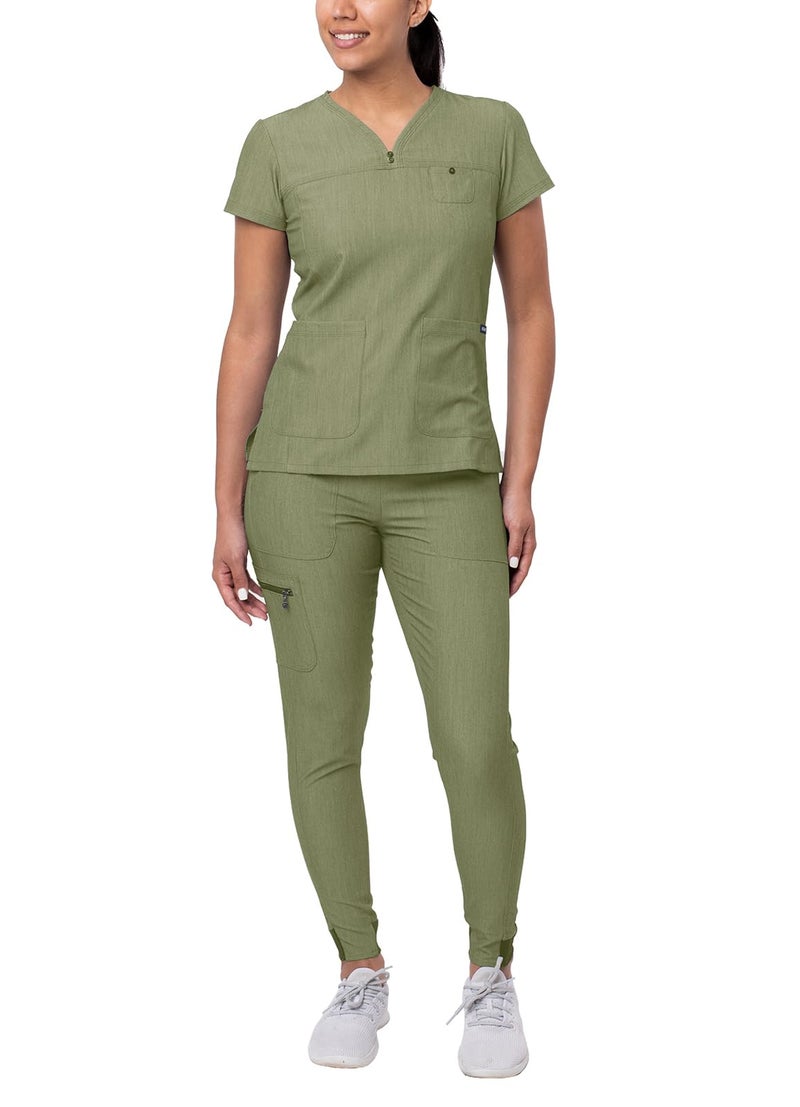 Adar Uniforms, Pro Heather Movement Booster Scrub Set For Women - Sweetheart V-Neck Scrub Top & Yoga Jogger Scrub Pants - P9400H - Heather Olive - S - Image 1