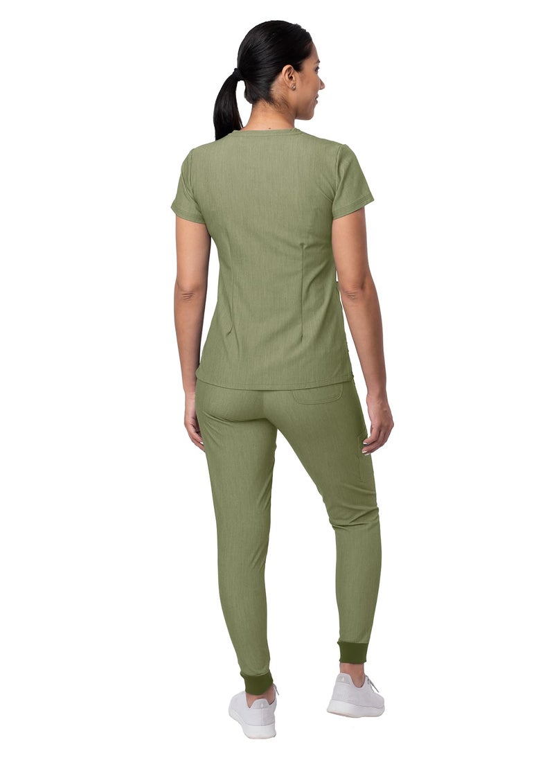 Adar Uniforms, Pro Heather Movement Booster Scrub Set For Women - Sweetheart V-Neck Scrub Top & Yoga Jogger Scrub Pants - P9400H - Heather Olive - S - Image 2