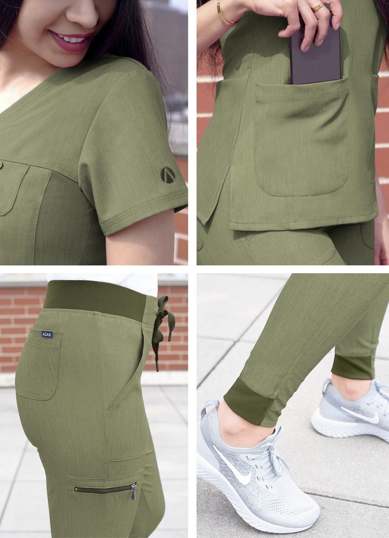 Adar Uniforms, Pro Heather Movement Booster Scrub Set For Women - Sweetheart V-Neck Scrub Top & Yoga Jogger Scrub Pants - P9400H - Heather Olive - S - Image 5
