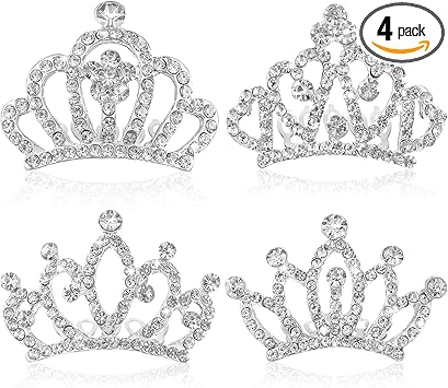 minkissy 4pcs Crown Comb Hair Clips for Girl Medium Crown Hair Clips Combs for Kids Mini Tiara Hair Clips Small Crown Hair Comb Alloy Rhinestone Crown for Girls Kids Silver - Image 1