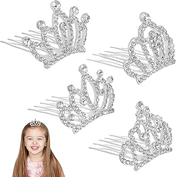 minkissy 4pcs Crown Comb Hair Clips for Girl Medium Crown Hair Clips Combs for Kids Mini Tiara Hair Clips Small Crown Hair Comb Alloy Rhinestone Crown for Girls Kids Silver - Image 4