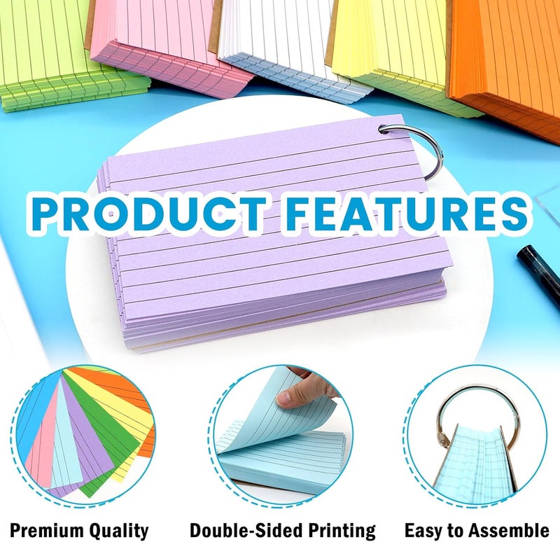Lovppy 1000 PCS Index Cards 3x5 Inches Colored Flash Cards with Ring, Punched Lined Flashcards Ruled Index Cards Notecards Study Cards Heavy Note Cards for Studying, Learning, School, College, Memory - Image 3