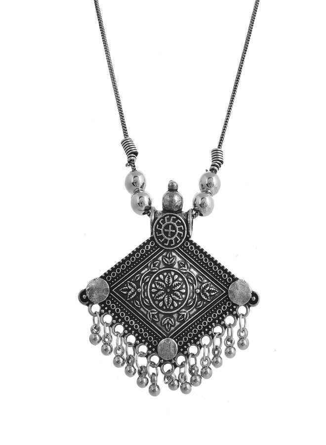 Naman Arts Oxidised Rectangular Tribal Pendant Necklace for Women | Antique Block Charm with Drops | Pure Brass Lightweight Ethnic Boho Chain Necklace