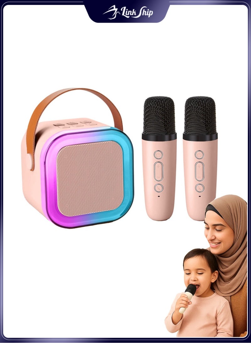 طريقة الاتصال Karaoke Machine for Kids and Adults – Mini Portable Bluetooth Karaoke Speaker with 2 Wireless Microphones, Dynamic LED Lights, Long Playback Time, Perfect for Birthday Gifts, Home KTV, Outdoor, Travel (Pink) - Image 1