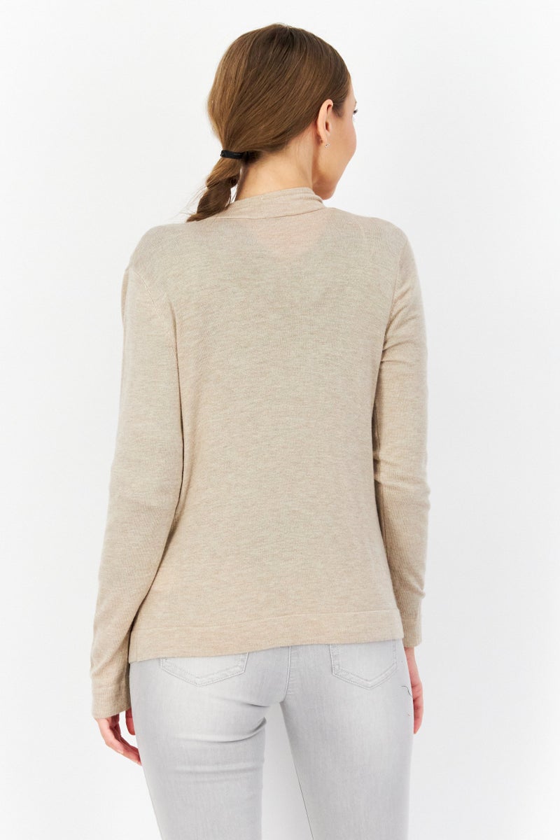 Zero Women Split Long Sleeve Textured Cardigan, Beige - Image 4