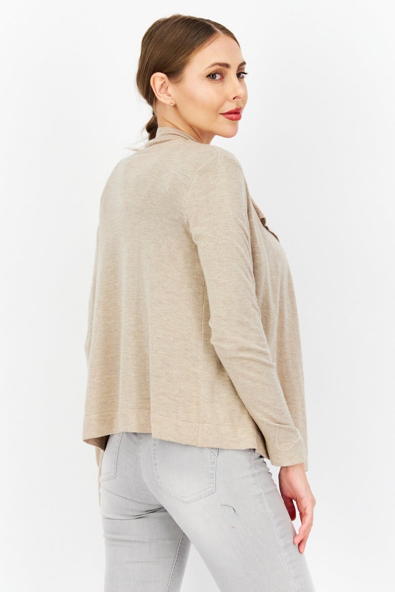 Zero Women Split Long Sleeve Textured Cardigan, Beige - Image 2